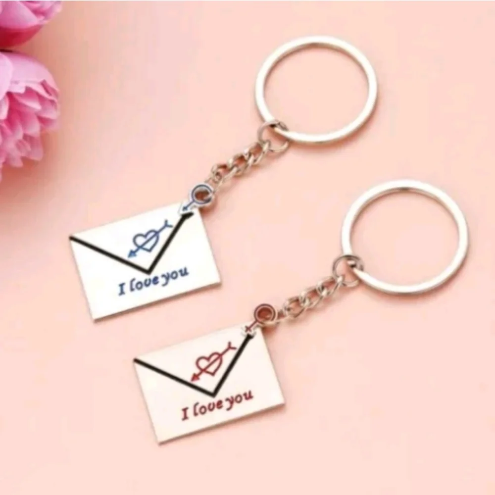 2pc Couples Gift Set Silver I Love You Letters Mail Keychains Keyrings Present